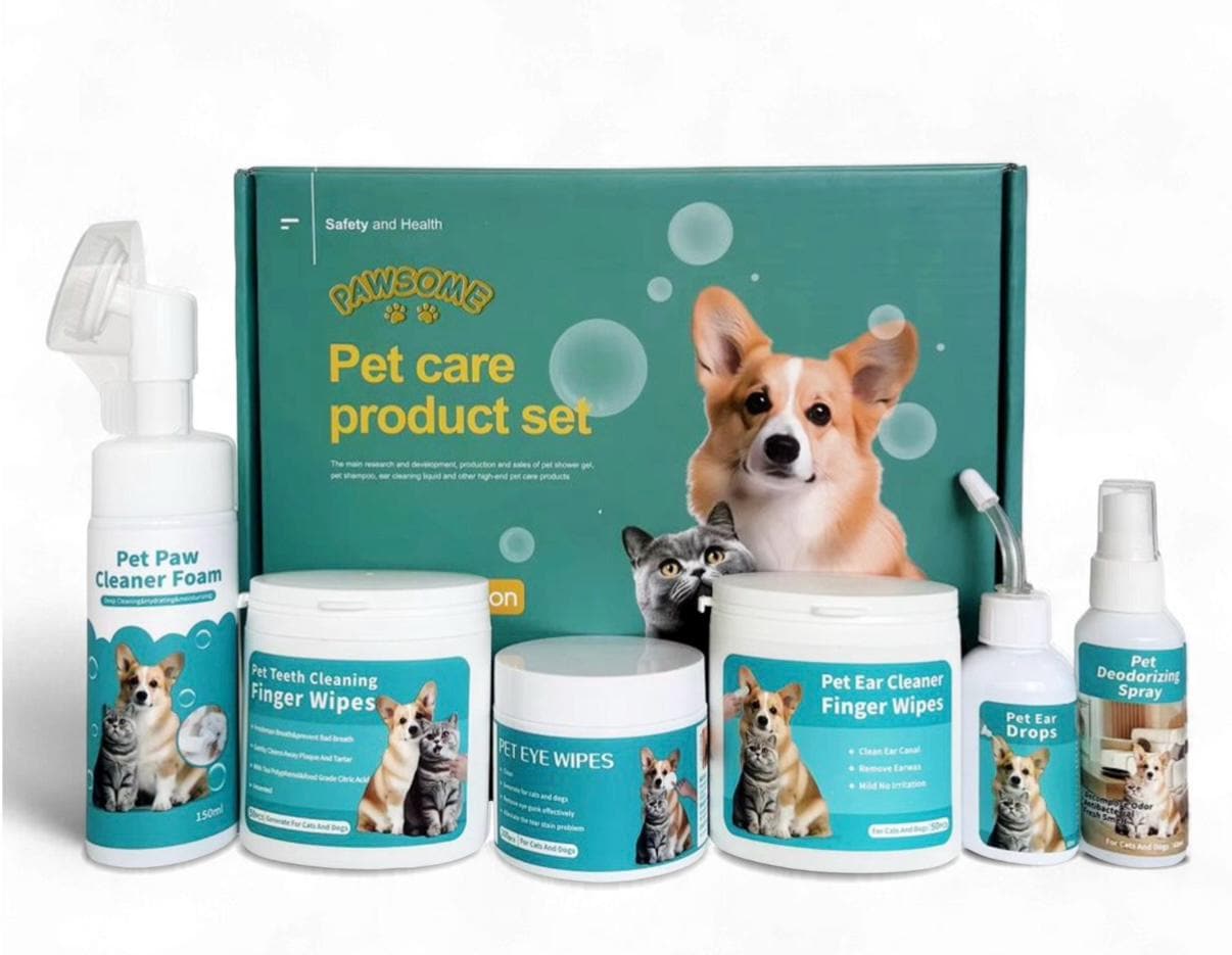Pet Grooming Kit for Dogs & Cats Ear Eye Teeth Wipes Paw Cleaner Deodorizing Spray All-in-One Pet Care Set