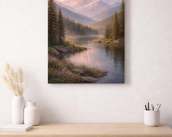 Arte mural con paisaje de lago de montaña / Impresión de naturaleza serena / Descarga digital imprimible