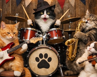 Funny Cat Band Wall Art | Printable Music Illustration | Digital Download