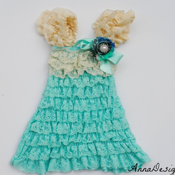 Aqua and Cream Lace Dress Newborn Baby,Toddler, Girl Petti Dress Photo Prop