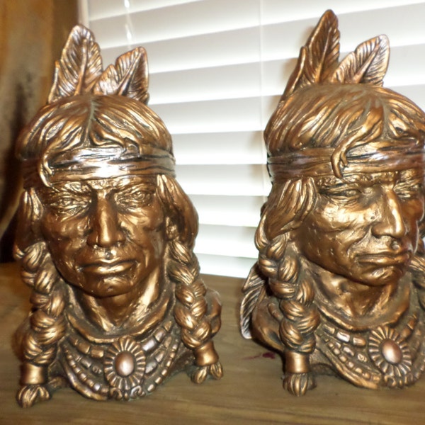 Vntage Bookends / Indian / Native American / Bust / Bronze Color / Universal Statuary Corp. 1966  Resin over Chaulk Ware