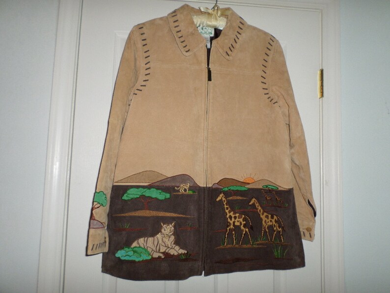 Vintage Leather Jacket Safari Brown Tan Lion Giraff Image 0