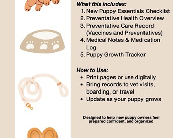 Vom Tierhalter entworfener Welpen-Pflege-Organizer - Welpen-Checkliste, Präventiver Gesundheitsleitfaden, impaktbarer Wachstums-Tracker - druckbares PDF