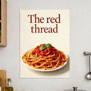 Peut inclure: Une affiche avec le texte "The red thread" au-dessus d'une assiette de spaghettis à la sauce tomate et au basilic. Les pâtes sont sur une assiette blanche, sur fond beige clair.