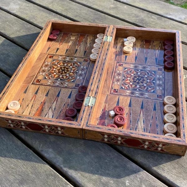Juego de backgammon de lujo hecho a mano, tablero de mosaico de madera maciza personalizado, extragrande, 20 pulgadas
