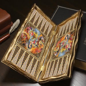 Puede incluir: Un libro decorativo abierto, con un marco dorado y diseños intrincados. El interior presenta ilustraciones coloridas de figuras en tonos vibrantes. El libro está sobre una superficie oscura, con una pluma y otro libro visibles en el fondo.