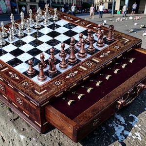 May include: A wooden chess set with a drawer. The chessboard has a black and white checkered pattern with silver and copper chess pieces. The wooden frame is decorated with inlaid patterns. The drawer is open, revealing additional chess pieces.