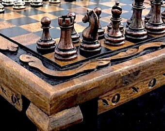Vintage Chess Set 100% Handmade Solid Walnut Wood Board with Carved Bronze Pieces | Gift