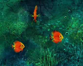 Original Canvas Oil Painting Vibrant Ocean Fish Aquarium Wall Art Blue Sea  Painting Boho Wall Decor Gallery Quality Art Sea Life Hand Made