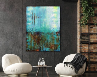 May include: Abstract painting in shades of blue, green, and brown, hanging on a gray wall in a modern living room with two white armchairs and a wooden coffee table.