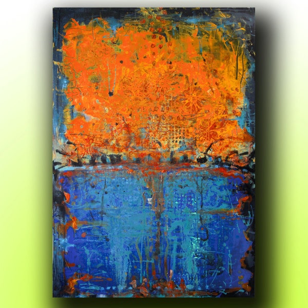 Art..painting.. abstract.. acrylic painting.. on canvas with texture Blue Orange Abstract Landscape 36''x24'' Acrylic on Canvas