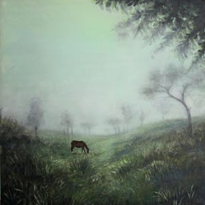 May include: An oil painting depicts a serene landscape with a brown horse grazing in a grassy field. The scene is enveloped in a soft, misty atmosphere, with trees and foliage adding depth. The artwork evokes a sense of tranquility and natural beauty.