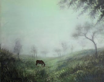 Large Original Landscape Painting Canvas Painting Nature Painting Wall Art Acrylic Oil Original Artwork Horse Painting Fine Art Foggy Grass
