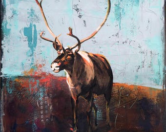 Large Square Original Brown Blue Deer Painting Nature Minimalistic Landscape Artwork Acrylic on Canvas  Fine Art Rusted Colors Wall Decorf