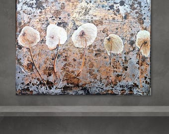 Original Abstract Floral Painting on Canvas, Modern Wall Art, Metallic Neutral Earthy Colors Home Decor, Contemporary Botanical Art