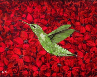Original Hummingbird Painting on Canvas, Red Floral Wall  Fine Art, Vibrant Botanical Nature Artwork, Colorful Statement Home Decor