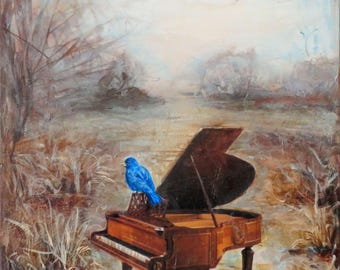 Art Painting on Canvas ORIGINAL Nature Bird Painting Piano painting Landscape Painting Mixed Media painting Tree Painting Blue Art