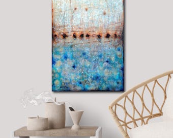 Original Abstract Canvas Painting 36x24 Wall Decor Acrylic Brown Blue Color Artwork Loft Art Urban Minimal Gallery Quality Art Made in USA