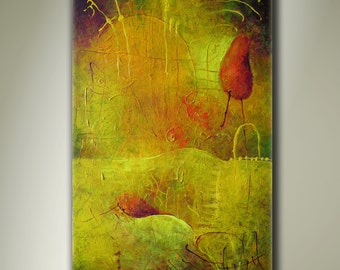 Art.. Abstract painting.. Canvas painting..Original painting .. Yellow Painting.. "Two Red Objects".. ORIGINAL PAINTING
