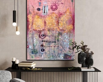 Original Abstract Canvas Painting 36x24 Wall Decor Acrylic Pale Pink Color Artwork Loft Art Urban Minimal Gallery Quality Art Made in USA
