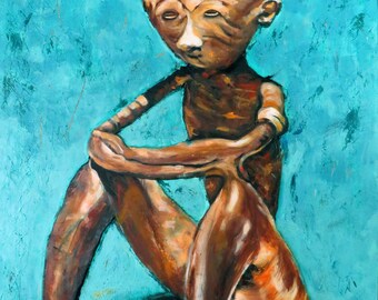 Figurative Contemporary Oil Painting in Turquoise, Emotional Modern Original Art for Minimalist Home, Textured Gallery Quality Wall Decor