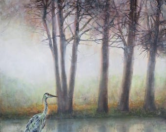 Large Original Landscape Pastel Colors Acrylic on Canvas Nature Foggy Trees Painting Wall Art Gallery Quality Artwork Bird Fine Art Decor