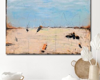 Abstract Landscape Painting on Canvas Minimal Coastal Wall Art Contemporary Neutral Blue Beige Sky Horizontal Modern Loft Original Art Pease