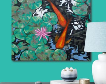 Art Original Photorealistic Fine Art Painting on Canvas 16''x20''  Oil/Acrylic on Canvas Nature Fish Painting Water Landscape Koi Painting