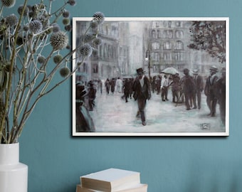 Vintage NYC Original Acrylic painting on canvas  Framed 18x24 Fine art painting Figurative painting Black and White painting Monochromatic