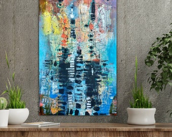 Art ORIGINAL  ABSTRACT Acrylic PAINTING on canvas 36''x24'' Contemporary Modern Wall Decor Textured Surface with Blue  Black Metallic Colors