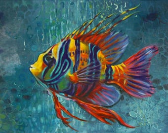 Original Canvas Oil Painting Vibrant Ocean Fish Aquarium Wall Art Blue Sea  Painting Boho Wall Decor Gallery Quality Art Sea Life Hand Made
