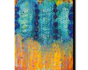 May include: Abstract painting with a blue, green, and yellow color scheme. The painting features a series of overlapping circles with a textured background.