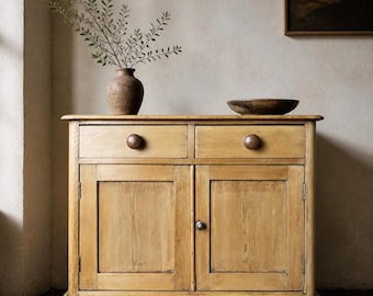 Antique Victorian Pine Cupboard with Two Drawers Over Panelled Doors