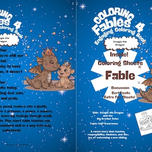May include: A children's coloring book titled "Coloring Fables 4" featuring a cartoon dragon and baby dragon on a blue background with stars. The book includes coloring sheets, a discussion guide, and a certificate.