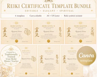 Paquete de plantillas para certificados de Reiki en Canva, certificados de Reiki editables, Nivel I, Nivel II, Maestro/a, tamaño A4 (Carta estadounidense), descarga instantánea.