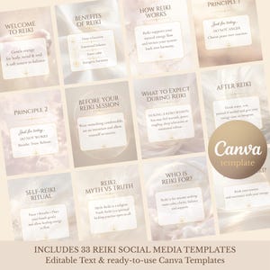 May include: A collection of twelve beige and white social media templates for Reiki, featuring soft abstract backgrounds and white text boxes. The templates include headings like Welcome to Reiki, Benefits of Reiki, How Reiki Works, and Principle 1.