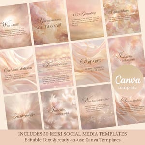 Könnte beinhalten: Eine Sammlung von 50 Social-Media-Vorlagen mit weichen, ätherischen Hintergründen in Pfirsich-, Creme- und Goldtönen. Jede Vorlage enthält erklärenden Text zu Reiki, Erdungstechniken und Meditation sowie ein Canva-Vorlagen-Etikett.