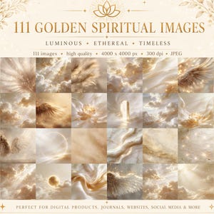May include: A digital collection titled 111 GOLDEN SPIRITUAL IMAGES featuring a grid of 20 square thumbnails displaying ethereal scenes with golden clouds, glowing light, feathers, wings, lotus flowers, and arches in a soft cream color palette.