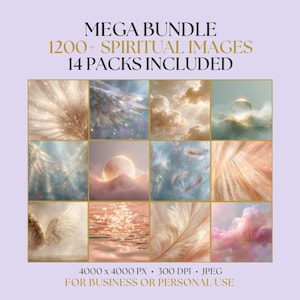 May include: A digital collection titled MEGA BUNDLE 1200+ SPIRITUAL IMAGES 14 PACKS INCLUDED featuring a grid of twelve ethereal images showing clouds, feathers, wings, and light, with technical specifications 4000 x 4000 PX 300 DPI JPEG listed below.