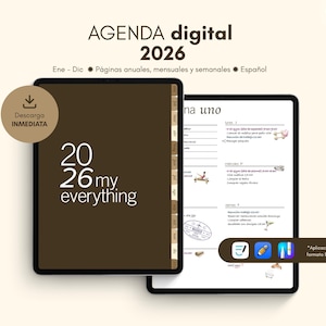 Pode incluir: Agenda digital 2026 exibida em dois tablets. A agenda apresenta uma capa marrom com o texto "2026 my everything". O outro tablet mostra uma página com uma lista e ilustrações. O texto "AGENDA digital 2026" está no topo.