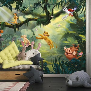 May include: A colourful mural featuring characters from The Lion King. Simba, Timon, Pumbaa, and Zazu are depicted in a lush jungle setting with butterflies. A child's bed with pillows and stuffed animals is in the foreground.