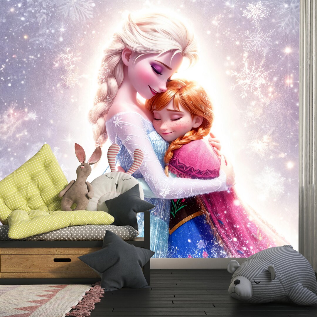 Frozen Elsa Anna Sisters Mural, Princess Girls Room Wallpaper, Snow