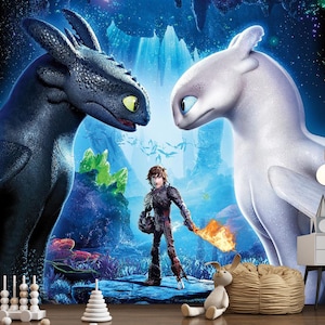 May include: A vibrant wall mural featuring characters from the animated film "How to Train Your Dragon." The image showcases a black dragon and a white dragon facing each other, with a human figure holding a flaming torch. The background is a fantasy landscape.