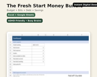 Può includere: Un foglio di calcolo digitale intitolato "The Fresh Start Money Builder" per budget, bollette, debiti e risparmi. Compatibile con Excel e Google Sheets e adatto a chi soffre di ADHD. L'immagine include il testo "Actually Helpful".