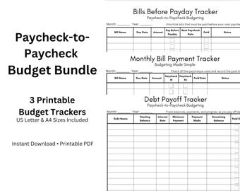 May include: A printable budget bundle with three trackers: Bills Before Payday, Monthly Bill Payment, and Debt Payoff. The bundle includes US Letter and A4 sizes. The title "Paycheck-to-Paycheck Budget Bundle" is displayed in large, bold text.