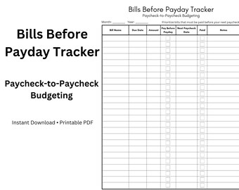 Rechnungen vor Zahltag Tracker | Paycheque zu Gehaltsbudget Printable | Arbeitsblatt für monatliche Rechnungen | Druckbares PDF