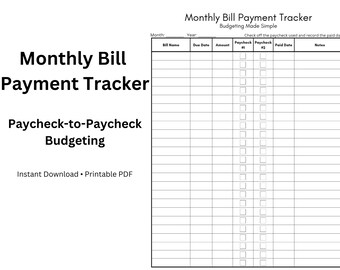 Monatliche Rechnung Zahlung Tracker | Gehaltscheck zu Gehaltsbudget Printable | Druckbare Haushaltsplaner | Monatliches Arbeitsblatt für Rechnungen