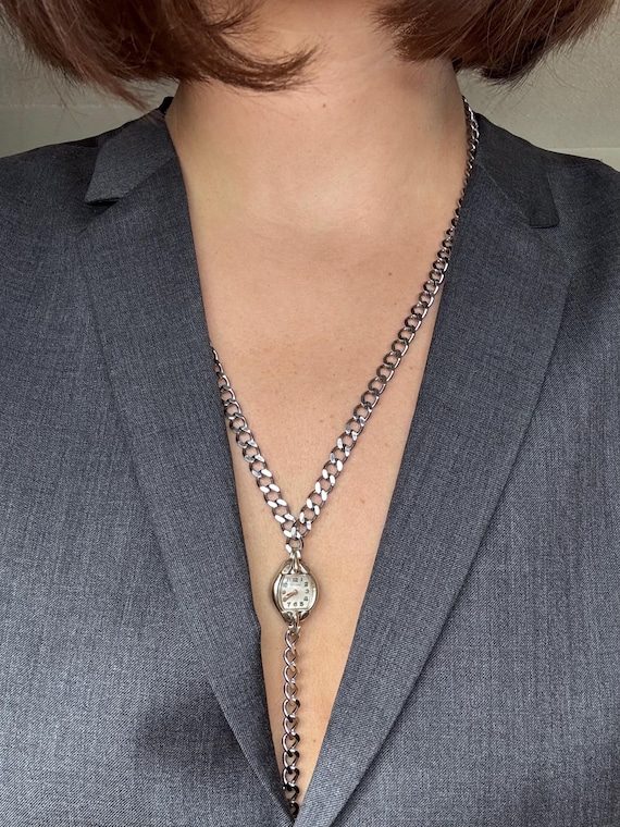Preorder Vintage Watch Face Lariat Necklace | Stainless Steel Curb Chain Statement Necklace | Handmade Mixed Metal Jewelry