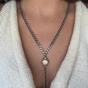 Vintage Watch Face Lariat Necklace | Stainless Steel Curb Chain