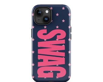 May include: A navy blue phone case featuring the word "SWAG" in pink, set against a pattern of pink stars. The case has a camera aperture and black edging.